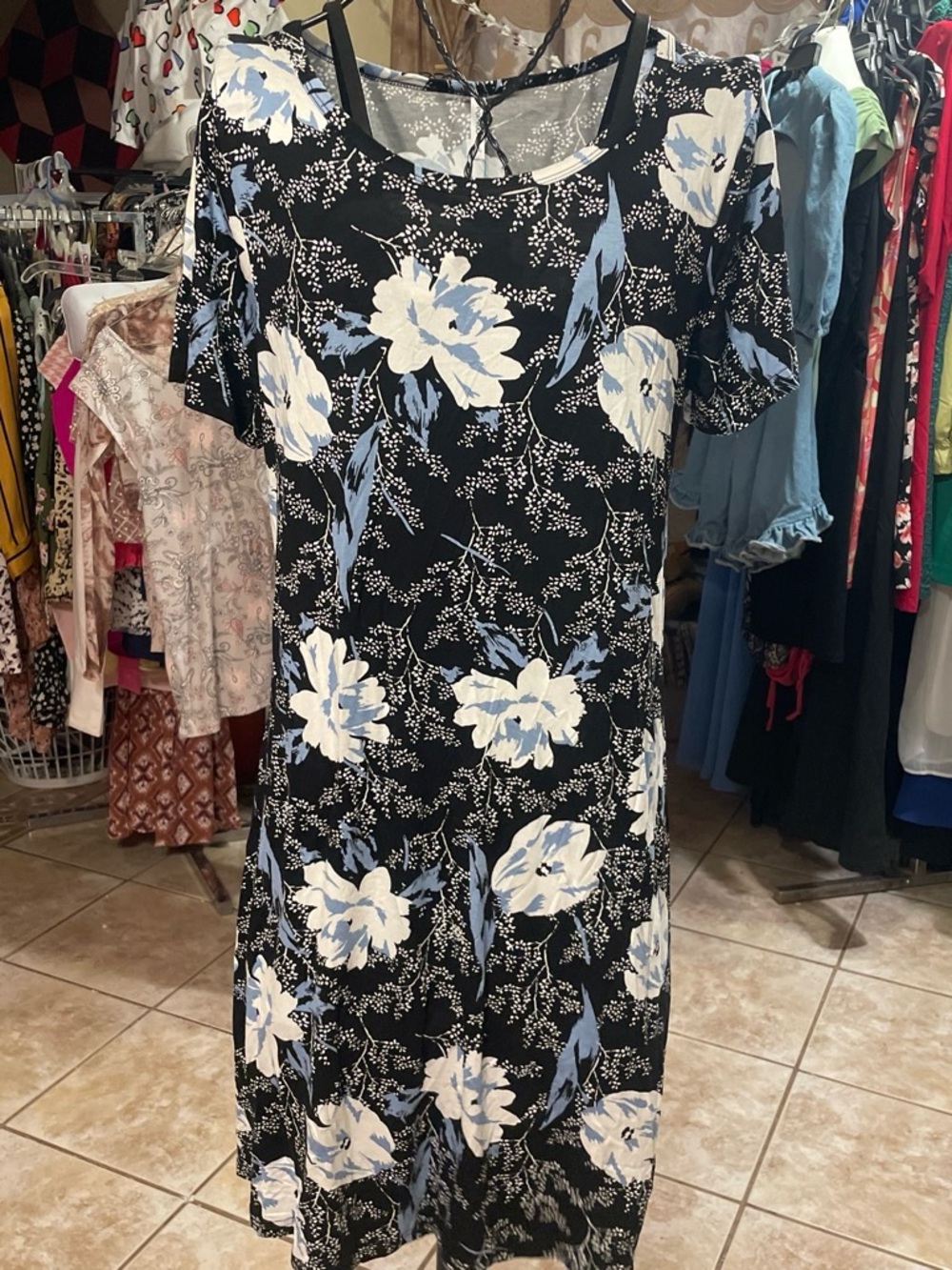 Black Midi Dress with White and Light Blue Floral Print